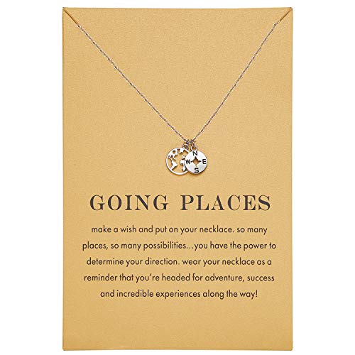 Zealmer Dainty 18K Gold Plated Compass World Map Pendant Necklace Graduation Gift for Friends - color: Worldmap Silver Tone