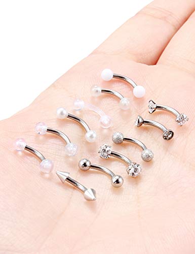 Jenxnjsjo 16g 6/8/10mm Eyebrow/Rook/Snug/Vertical-Labret/VCH/Snake-Eyes/Anti-Tragus/Christina/Daith/Belly-Button/Bridge/Hood/Surface Curved Barbell Piercing Jewelry for Women Men - color: 12PCS, Surgical-Steel, size: 6mm