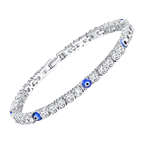 Evil Eye Bracelets for Women 18K Gold and Silver Filled with 4MM Cubic Zirconia Tennis Bracelet Evil Eye Jewelry - color: Silver