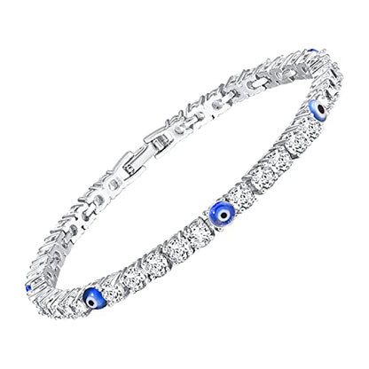 Evil Eye Bracelets for Women 18K Gold and Silver Filled with 4MM Cubic Zirconia Tennis Bracelet Evil Eye Jewelry - color: Silver