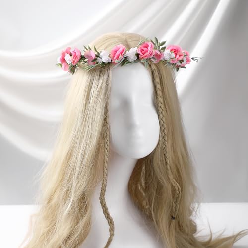 Fairy Pink Flower Crown Headband, Rose Floral Headpiece | Adjustable, Fairy Flower Crown, Women Girls, Renaissance Birthday Wedding Party Photo Props - color: Pink