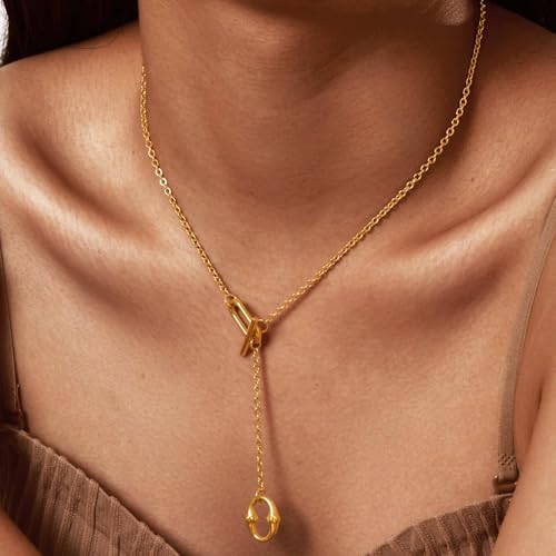 Gold Y-Shaped Necklace for Women, Double O-Ring Geometric Pendant on 52.5cm Chain, Minimalist Long Necklace