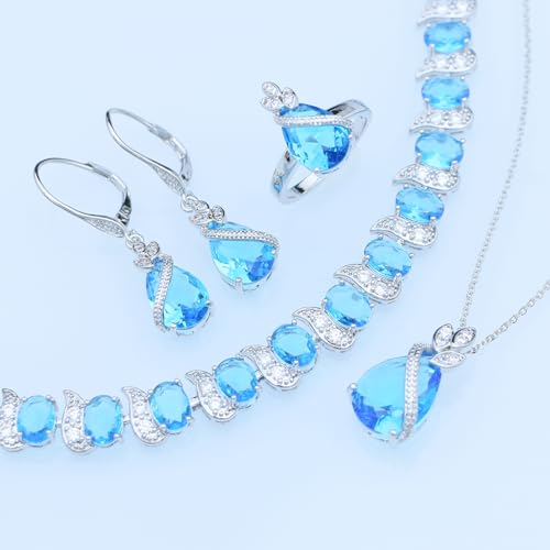 GZWHD Jewelry Set for Women CZ Earrings Necklace Ring Bracelet Set Prom Party Wedding Jewelry Gift for Mother Friend Wife - color: A-Sky Blue
