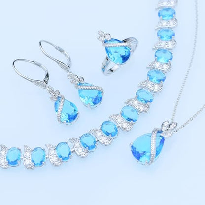 GZWHD Jewelry Set for Women CZ Earrings Necklace Ring Bracelet Set Prom Party Wedding Jewelry Gift for Mother Friend Wife - color: A-Sky Blue