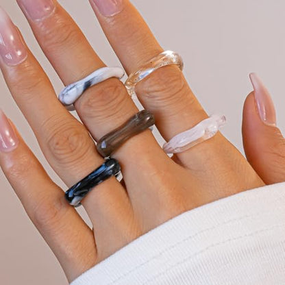 5Pcs Stacking Retro Brown and White Square Resin Knuckle Ring, Simple Chunky Black Acrylic Rings for Women Bohemia Dainty Party Prom Charm Jewelry Gift - color: White