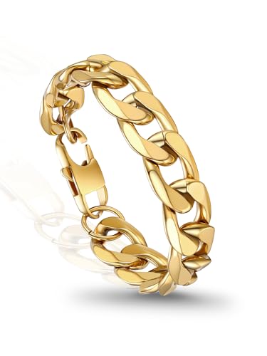 PROSTEEL Bracelets for Men, Figaro/Cuban Mens Bracelet, Silver/Gold/Black | 6/9/13mm Width, 7.5/8.3/9" Length, Stainless Steel Mens Bracelet, Durable & Non Tarnish, Chunky Jewelry with Gift Box - style: G 13mm-Cuban-Gold