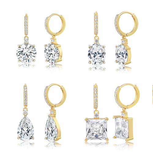 2-4 Pairs Dangle Drop Earrings for Women, 18K Gold Plated Cubic Zirconia Drop Dangle Huggie Hoop Earrings CZ Teardrop Hypoallergenic Jewelry - color: CZ Yellow Gold 1