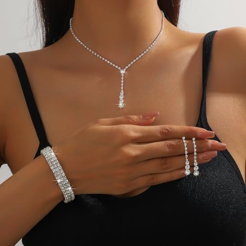 Wedding Jewelry Sets for Brides Rhinestone Necklace and Earring Set Bracelet Ring Gold Silver Prom Jewelry Sets Diamond Flower Teardrop Necklace for Women - color: Style2-Silver-3pcs