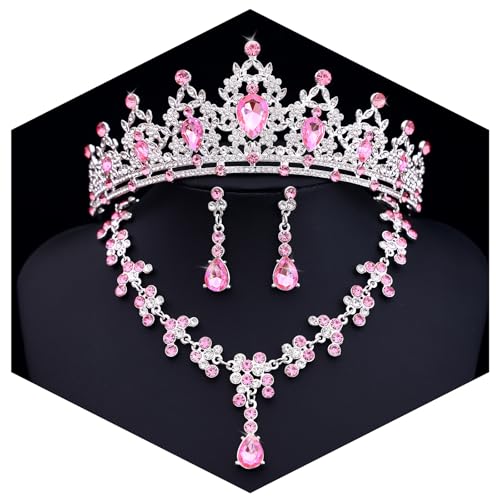 Crystal Crown and Tiara Jewelry Set for Women Bride with Necklace Earrings | Metal Rhinestone Royal Queen Princess Jewelry Set Wedding Quinceanera Pageant Prom Birthday Halloween Party Costume Gift - color: Silver Pink