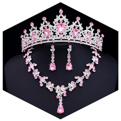 Crystal Crown and Tiara Jewelry Set for Women Bride with Necklace Earrings | Metal Rhinestone Royal Queen Princess Jewelry Set Wedding Quinceanera Pageant Prom Birthday Halloween Party Costume Gift - color: Silver Pink