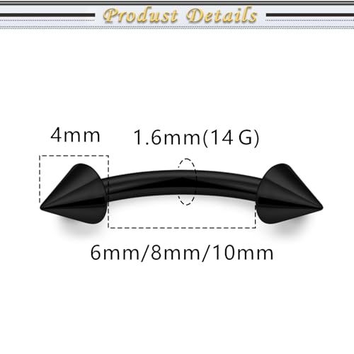 Internally Threaded Eyebrow Piercing Jewelry Surgical Steel Tiny Eyebrow Rings Vertical Labret Lip Jewelry Small Ear Rook Earring for Women Men 18g 16g 14g Plus Piercing Ball Grabber Tool - color: black, size: 14g,spike end