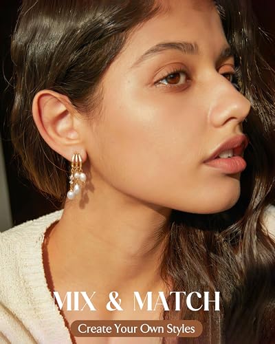 MILACOLATO 925 Sterling Silver Dangle Earrings for Women Hypoallergenic | Trendy 14K Gold Plated Triple Huggie Hoop Earrings Dainty Chain Drop Cubic Zirconia Earring Statement Hoops Fashion Jewelry - color: Pearl Chain New