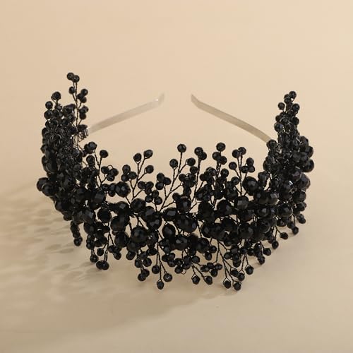 Rhinestones Beads Hair Crown for Wedding Brides Women Tiara Jewelry Handmade Sparkle Hair Piece - color: Black