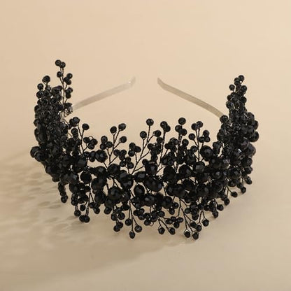 Rhinestones Beads Hair Crown for Wedding Brides Women Tiara Jewelry Handmade Sparkle Hair Piece - color: Black