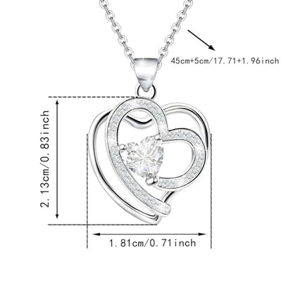 Sterling Silver Pendant Necklace for Women - Adjustable Double Heart Necklace Hypoallergenic Cubic Zirconia Love Heart-Shaped Charm Necklaces Classic Elegant Jewelry Gifts for Her Mom Wife,19inch