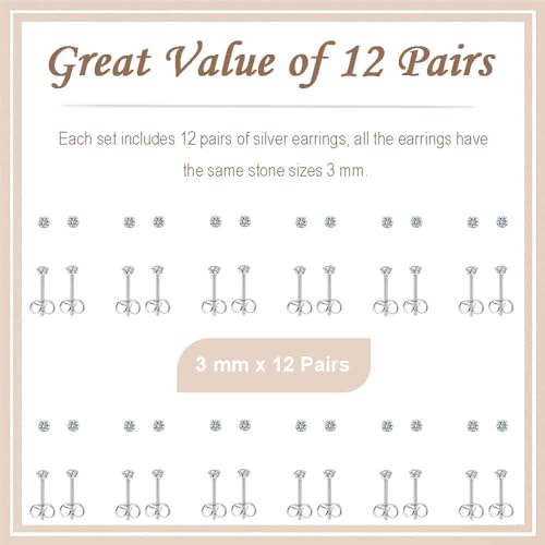 12 Pairs Stud Earrings Set, Hypoallergenic Surgical Stainless Steel 316L Earring for Women Men, Small Earring Studs Pack with Cubic Zirconia - color: Silver-3mm x 12 Pairs
