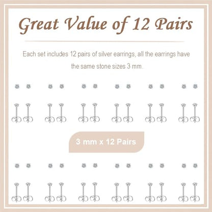 12 Pairs Stud Earrings Set, Hypoallergenic Surgical Stainless Steel 316L Earring for Women Men, Small Earring Studs Pack with Cubic Zirconia - color: Silver-3mm x 12 Pairs