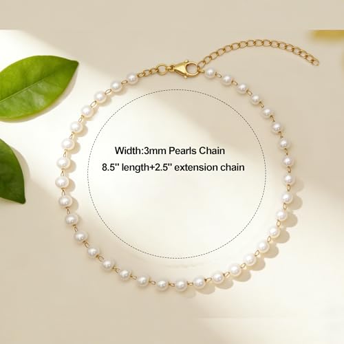 Waterproof Anklet 18K Gold/Sterlings Silver Plated Stainless Steel Ankle Bracelets for Women Figaro Pearls Chain Summer Beach Foot Jewelry 8.5+2Inches - color: 5mm Pearls,Gold