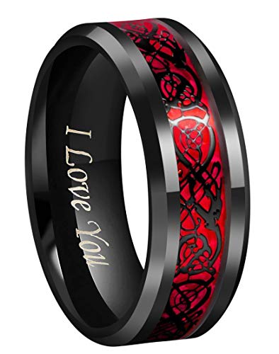 CROWNAL Black Dragon Men Black Tungsten Carbide Ring Wedding Band 6mm 8mm 10mm Red Carbon Fiber Black Celtic Dragon Inlay Engraved I Love You Size 7 to 17 - color: Black Dragon Red Carbon Fiber