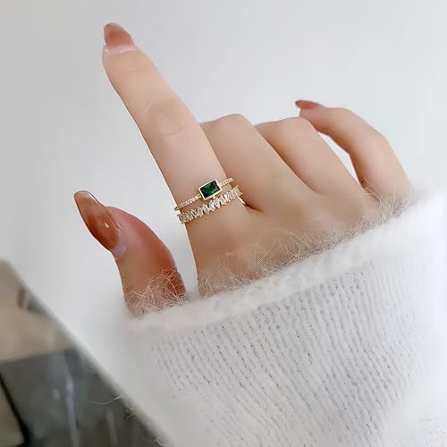 Mettclasi Women's 14K Gold Plated Stackable Ring Crystal Inlaid Dainty Trendy Cute Adjustable Open Twist Rings Jewelry Gifts - style: Square Emerald