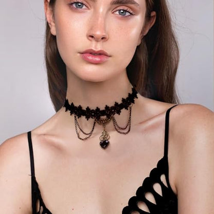 Qceasiy Gothic Black Necklace for Women, Adjustable Victorian Velvet Lace Collar, Halloween Party Cosplay Jewelry Gift - style: Black Heart Pendant