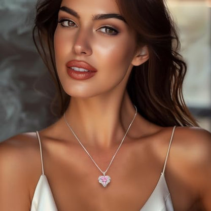 CDE Angel Wings Heart Birthstone Pendant Necklace Gift for Women | Silver/Gold Tone,Ideal Birthday & Anniversary Jewelry Gift for Wife,Girlfriend,Her - color: White-10-Opal Pink Birthstone