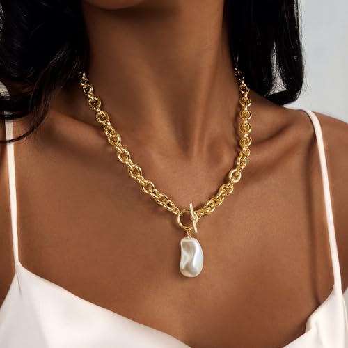 IMBOS 14K Gold Plated Chunky Chain Choker Necklaces for Women Chunky Gold Necklace Tennis Necklace for Women CZ Love Chain Cuban Link Choker Jewelry Gifts - color: Gold-Baroque Pearl Necklace
