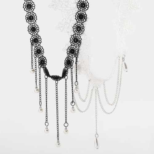 Lace Choker Necklace for Women Gothic Pearl Pendant Necklace Halloween Cosplay Jewelry - color: White Drop