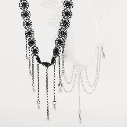Lace Choker Necklace for Women Gothic Pearl Pendant Necklace Halloween Cosplay Jewelry - color: White Drop