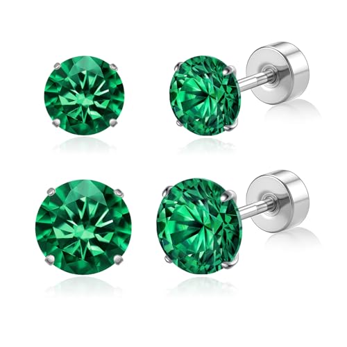 20G G23 Implant Grade Titanium Flat Back Stud Earrings for Women Men, Gold/White Gold Plated Tragus Labret Cartilage Helix F136 Piercing Jewelry for Sensitive Ears, with 4-6mm Cubic Zirconia - color: 2Pairs-20G-Silver-Green-Stud Earring Sets