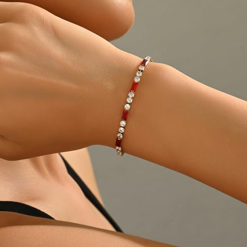 Tennis Bracelet for Women 18K Gold Plated White Red Green Black Blue Pink 3mm Cubic Zirconia Bracelet Dainty Diamond Adjustable Bracelet Trendy Jewelry Gift - color: Red Tennis-Gold