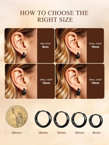 Bestyle Gold Huggies Earrings for Women Hypoallergenic 925 Sterling Silver Post Huggie Hoop Earrings Thick Lightweight Small Hoop Earrings 8/10/12/14mm - color: Black, size: 10mm