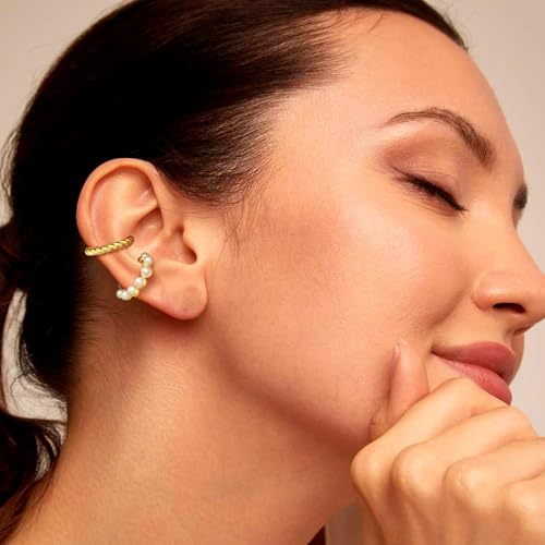 OOOPEL 3 Pairs 14K Gold Plated Ear Cuffs Non Piercing Lightweight Stackable Chunky Earring Cuff for Women Adjustable Non-Fading Fake Earrings Suitable for Christmas Gift - style: Pearl