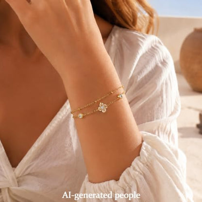 16K Gold Plated Bracelets Set for Women - Dainty Layered Adjustable Hand Chain Bracelet with Cubic Zirconia, Cute Jewelry Gift for Her, Waterproof Hypoallergenic - color: Clover Flower