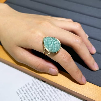 Crystal Ring for Women, Natural Rose Quartz Green Fluorite Ring for Her, Teardrop Shape Gemstone Ring, Handmade rose quartz Jewelry Adjustable Ring. - color: Amazonite