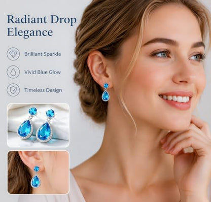 Drop Dangle Earrings Teardrop Gemstone Waterdrop White Gold Plated Crystal Hanging Cubic Zirconia Ruby Sapphire Emerald Jewelry Gift for Women Mother Wife - color: Blue