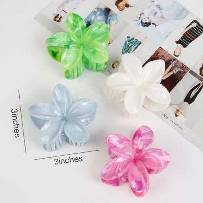 Large Hawaiian Flower Hair Claw Clips for Women, 4Pcs Tropical Plumeria Hair Clips for Thick and Thin Hair, Strong Hold Marble Texture Nonslip Beach Hair Claw Clips Summer Hair Accessories Gift - color: Fresh Blossom