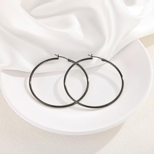 Gold Hoop Earrings for Women 14K Gold Plated | 925 Sterling Silver Post Hypoallergenic Hoop Earrings - color: Black, size: 60mm