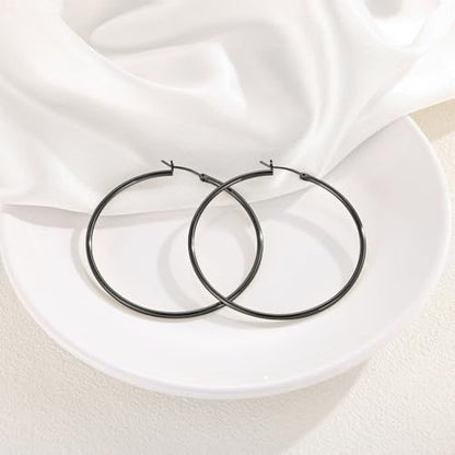 Gold Hoop Earrings for Women 14K Gold Plated | 925 Sterling Silver Post Hypoallergenic Hoop Earrings - color: Black, size: 60mm