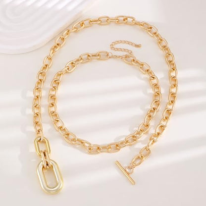 Gold Layered Chunky Chain Necklace for Women, Double Chain Paperclip Pendant Statement Choker, Trendy Minimalist Fashion Jewelry