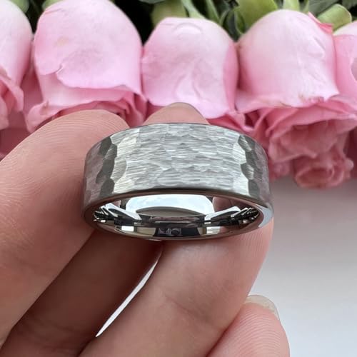 TUTISS 6mm 8mm Silver/Black/Gunmetal/Gold/Rose Gold Hammered Tungsten Rings for Men Women Couple Fashion Jewelry Engagement Wedding Bands Matte Finish Comfort Fit - color: 8mm Silver Tungsten