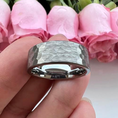 TUTISS 6mm 8mm Silver/Black/Gunmetal/Gold/Rose Gold Hammered Tungsten Rings for Men Women Couple Fashion Jewelry Engagement Wedding Bands Matte Finish Comfort Fit - color: 8mm Silver Tungsten