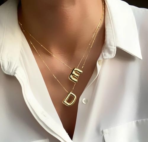 Gold Bubble Initial Necklace for Women Balloon Letter Necklace 18K Gold Plated Dainty Alphabet Pendant Puffy Name Personal Necklace - color: E