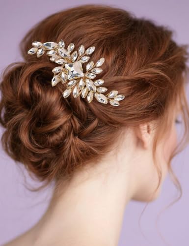 Square Rhinestone Hair Comb Silver Gold Rhinestone Wedding Headpiece Handmade Crystal Bridal Hair Comb Bridal Hairpiece for Brides Bridesmaid (gold) - color: gold