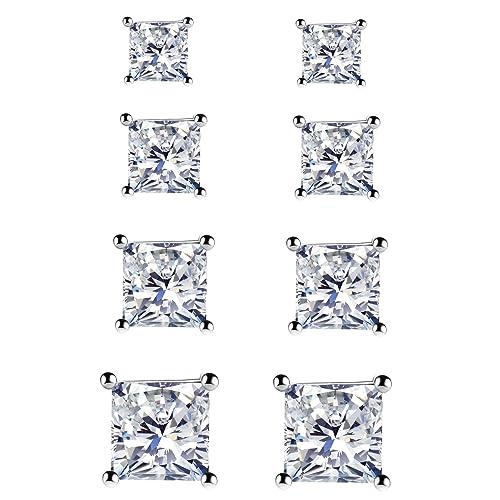 925 Sterling Silver Stud Earrings, 4 Pairs Square Cubic Zirconia Stud Earrings Set for Women Men 3 4 5 6mm - color: A-Silver 3/4/5/6mm