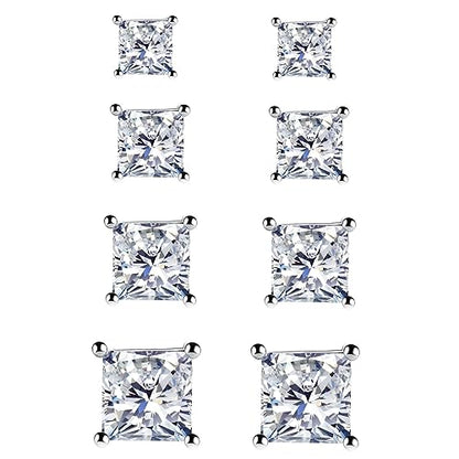 925 Sterling Silver Stud Earrings, 4 Pairs Square Cubic Zirconia Stud Earrings Set for Women Men 3 4 5 6mm - color: A-Silver 3/4/5/6mm