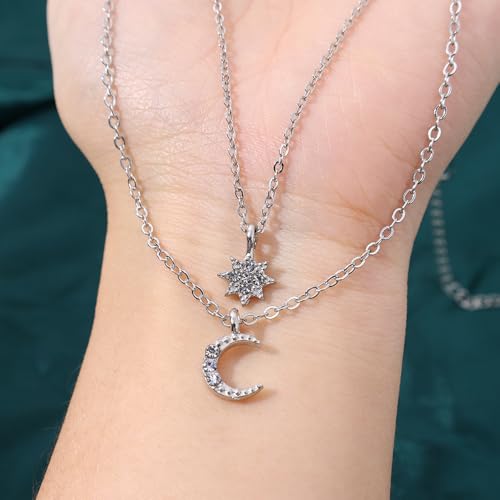 Silver Layered Star Moon Choker Necklaces for Women, Funky Rhinestone Moon Necklace Stars Choker Stacked Necklaces Jewelry