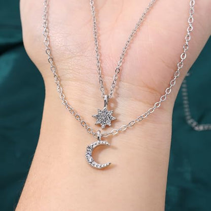 Silver Layered Star Moon Choker Necklaces for Women, Funky Rhinestone Moon Necklace Stars Choker Stacked Necklaces Jewelry