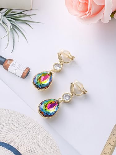 Clip On 18 * 13MM Big Crystal Dangle Non Pierced Earrings for Women 14K Gold Plated Jewelry - color: Oct-Opal-14K Gold Plated