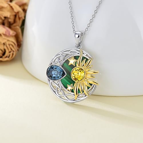 AOBOCO 925 Sterling Silver Moon Sun Star Necklace Celtic Jewelry for Women Girls - color: Silver&Gold&Malachite
